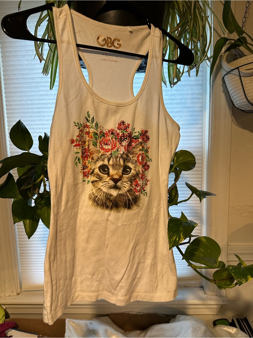 GBG Los Angeles White Tank with Gold Logo and Floral Detail